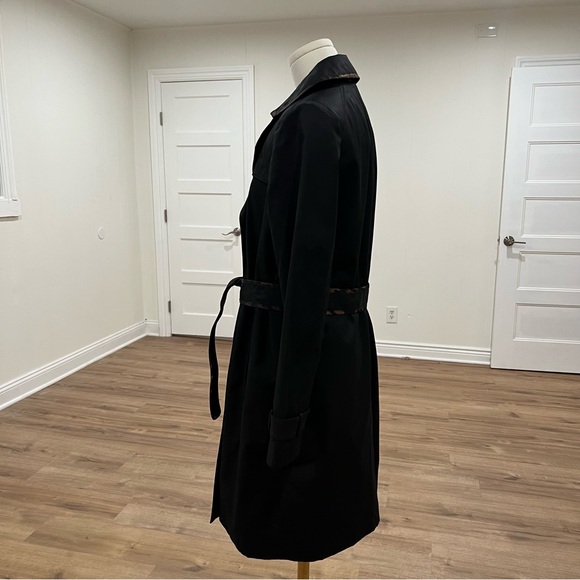 Tahari Black Raincoat Leopard Trim Belted Double Breasted Trench Size S - Picture 11 of 16